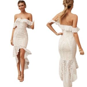 SELFIE LESLIE DREAMY OFF-SHOULDER HIGH-LOW HEM DRESS WHITE - S